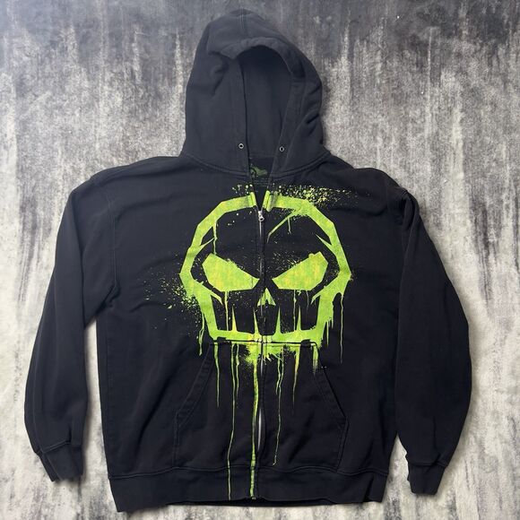 Y2K No Fear Green Skull AOP Emo Skater Zip-Up Hoodie Mens XL - Picture 1 of 8